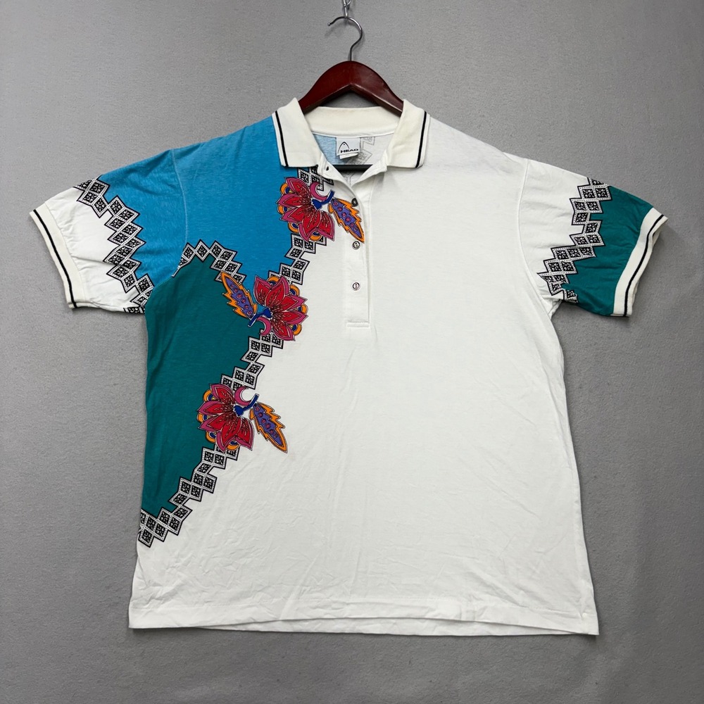 Head Polo Shirt Mens Large White Vintage 90s Graphic Floral Geometric Retro USA